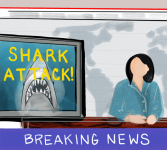 Drawing of woman presenting the breaking news of a shark attack