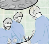 Drawing of surgeons in operating room.