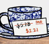 Drawing of a teacup and saucer with a card showing regular price and sale price.