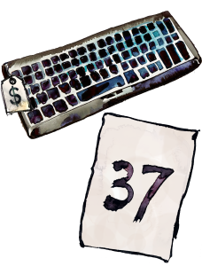 Drawing of a computer keyboard with a price tag next to a sheet of paper with the number "37" on it