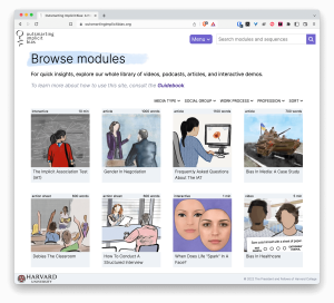 A browser window showing the "Browse modules" section of Outsmarting Implicit Bias, featuring a grid of icons