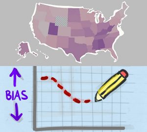 Composite image with a shaded map of the United States on top and a graph labeled "bias" on the bottom