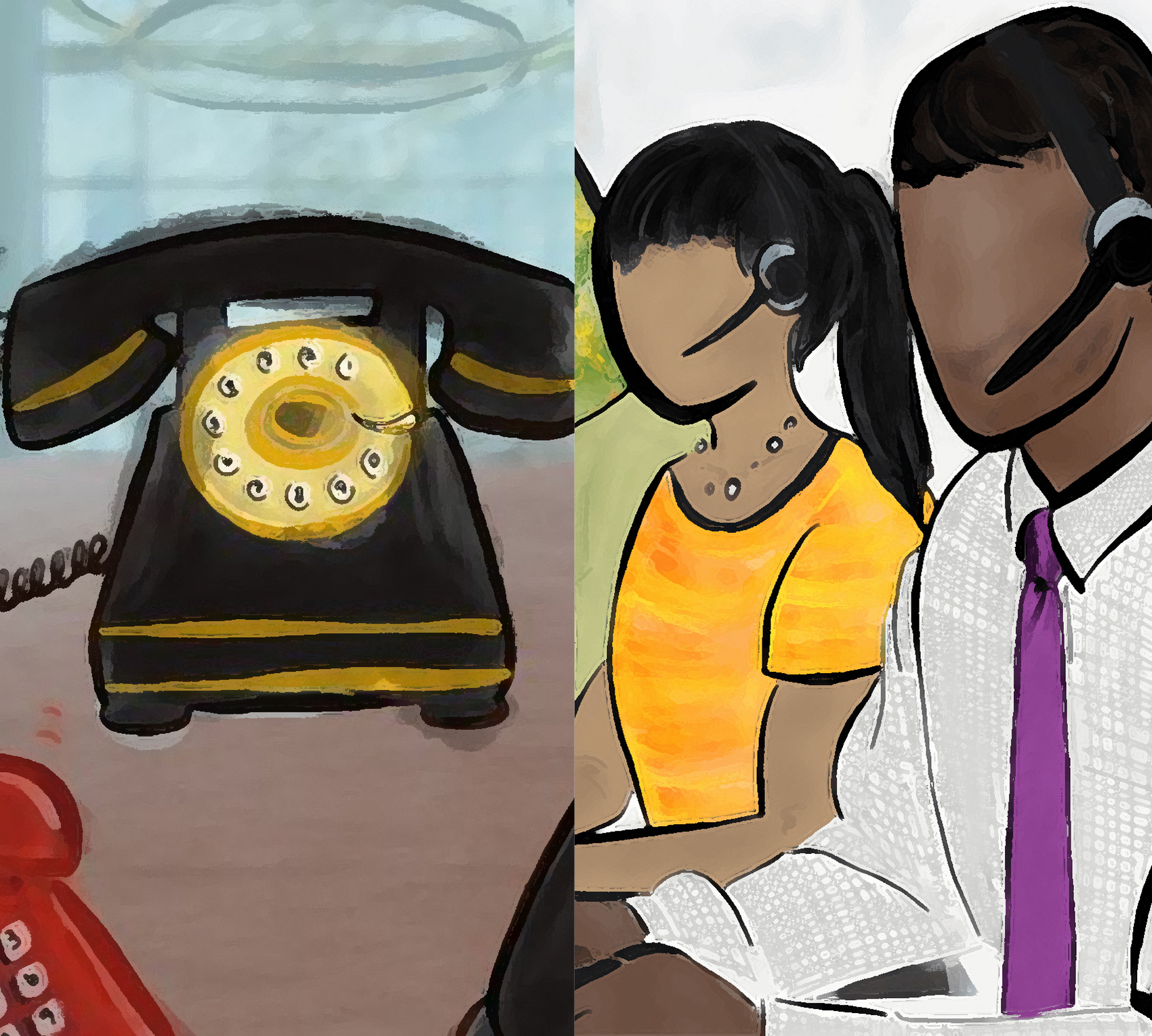 Composite image with a drawing of a phone on the left and a drawing of two people talking into headsets on the right