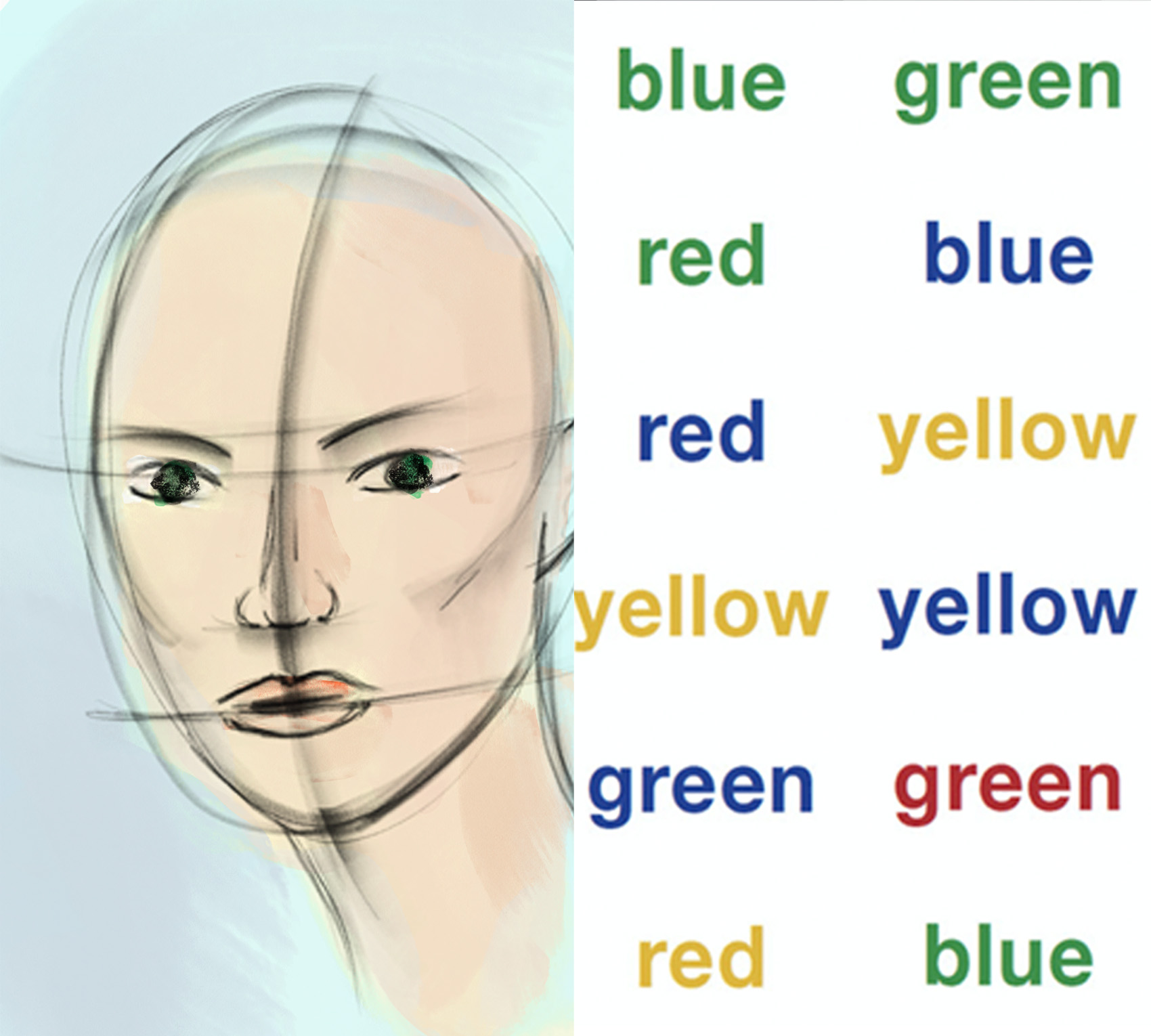 Composite image with a drawing of a face on the left and the names of colors on the right