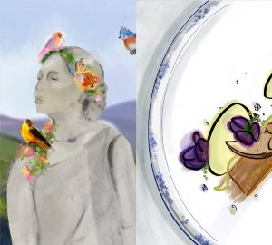 Composite image with a drawing of a beautiful statue with birds and flowers on the left and a well-plated plate of food on the right