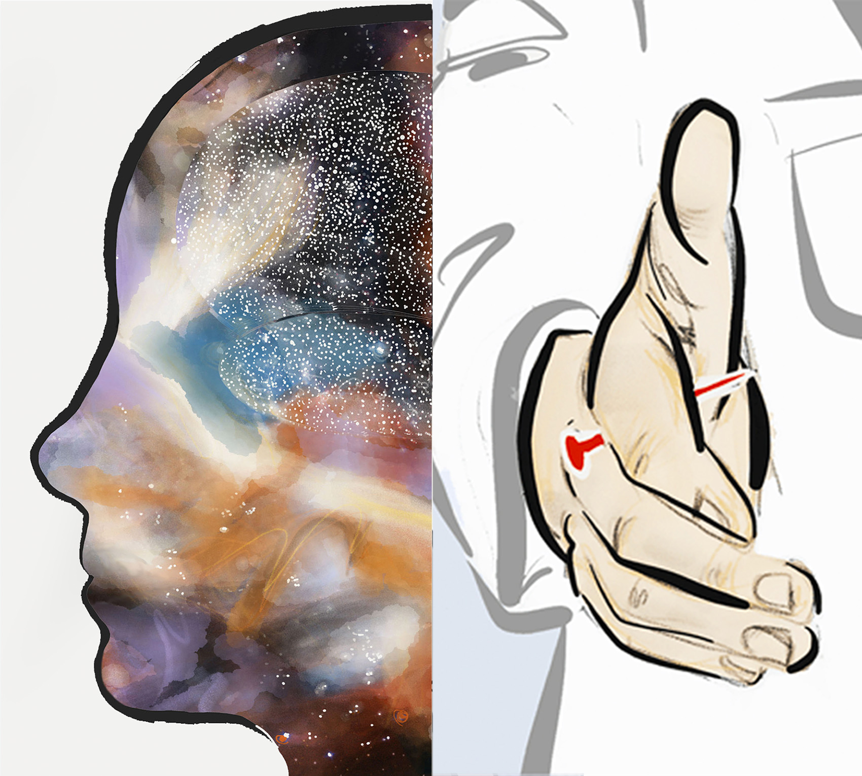 Composite image with a drawing of a head with a universe inside it on the left and a drawing of a outstretched hand hiding a needle on the right